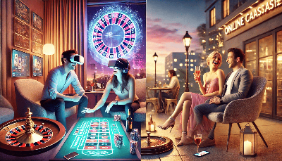 Contraste entre una pareja disfrutando de un casino online en realidad virtual y otra compartiendo la experiencia real en una terraza con juego en directo.