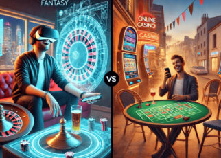 Comparativa visual entre la promesa futurista de los casinos online en realidad virtual y la experiencia real de juego móvil con ruleta en vivo.
