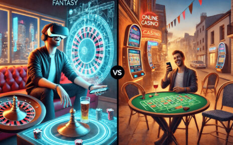 Comparativa visual entre la promesa futurista de los casinos online en realidad virtual y la experiencia real de juego móvil con ruleta en vivo.