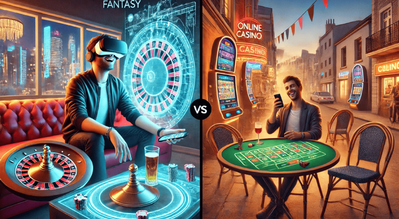 Comparativa visual entre la promesa futurista de los casinos online en realidad virtual y la experiencia real de juego móvil con ruleta en vivo.